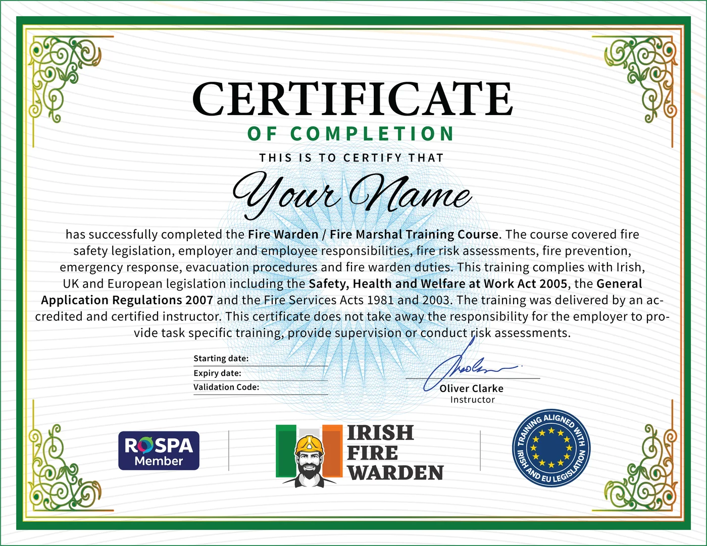Official Fire Warden Certificate: QQI accredited Fire Warden Cert from Irish Fire Warden Dublin Ireland, Instant Download