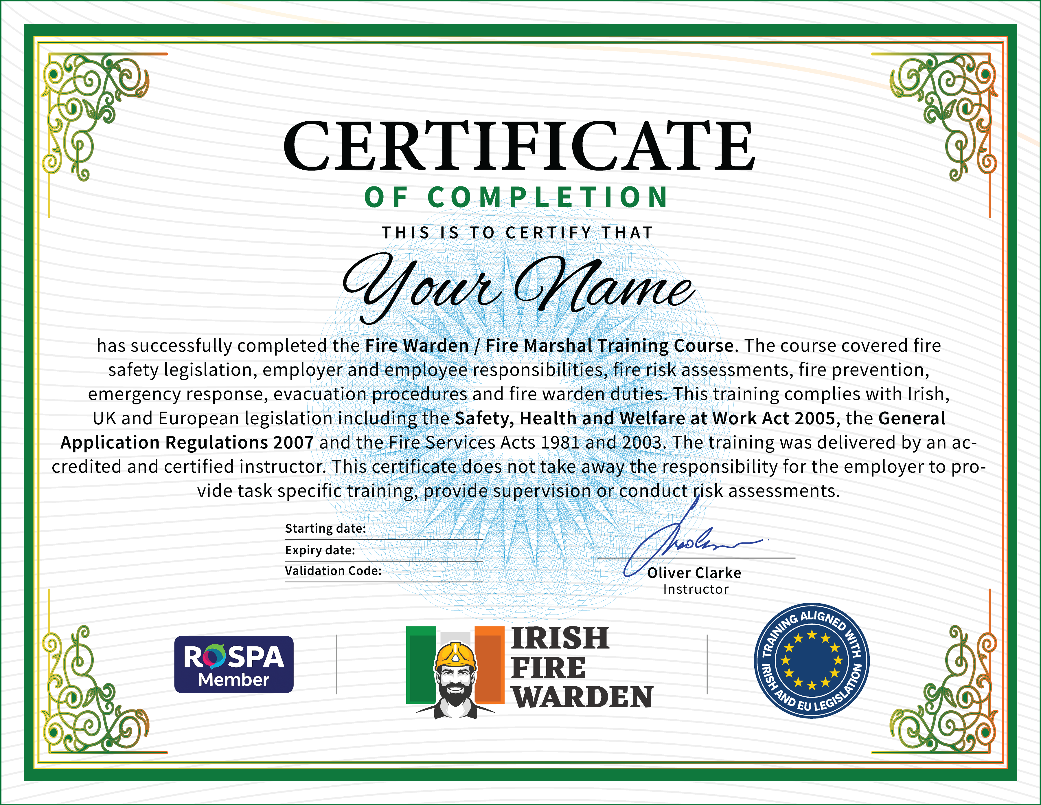 Fire Warden Certificate Example - QQI Accredited, RoSPA Approved, Irish Fire Warden